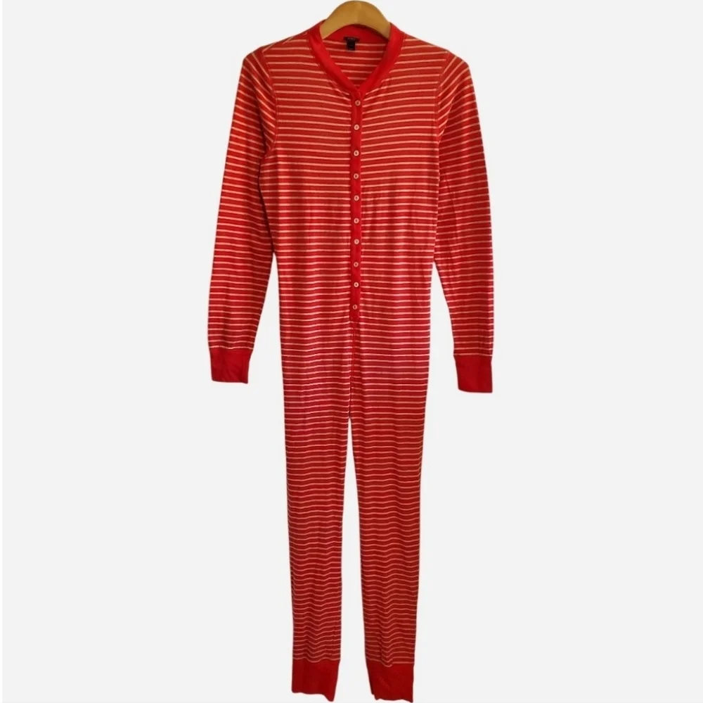Jcrew Womens Red Striped Union One Piece Pajama Size M Long Johns Loungewear